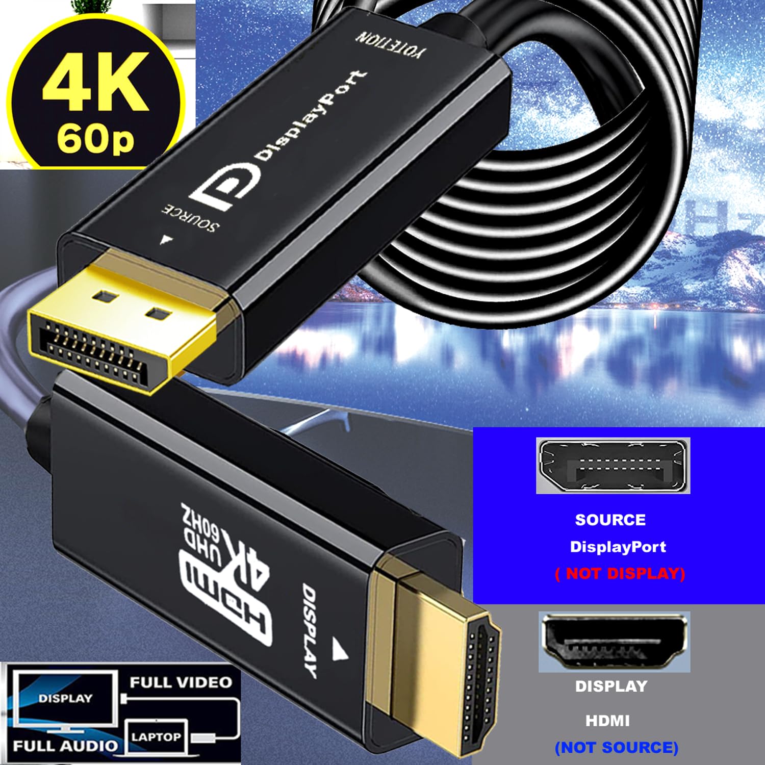 Câble vidéo DisplayPort vers HDMI de 24,2 m, 4K DP vers HDMI mâle vers mâle, unidirectionnel 4K @ 60 Hz, [nylon tressé, coque en aluminium], compatible avec HDTV, moniteur, AMD, NVIDIA