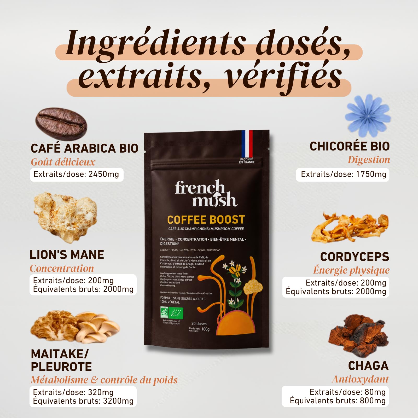 French Mush BOOST Café Arabica Bio 5 Champignons - 20 doses | Énergie & Concentration, Lion's Mane, Cordyceps, Chaga, Maïtaké, Pleurote, Sans Sucres Ajoutés, Vegan, Fabriqué en France