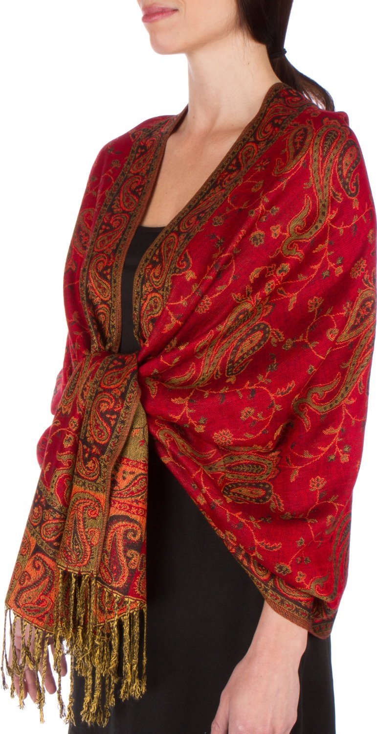 Sakkas Women's Red 70 X 28 Double Layer Jacquard Paisley Viscose Pashmina Shawl / Wrap / Stole - (Size: One Size)