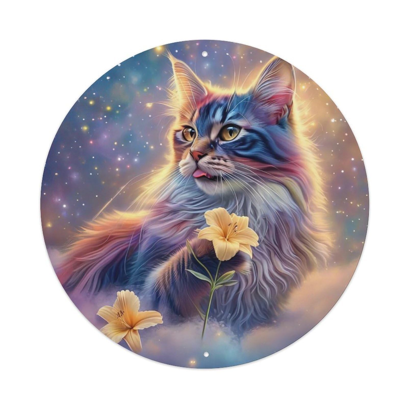 Maine Coon Cat Fantasy Lily Blossom Mystical Galaxy Theme Vintage Metal Tin Sign Plaque Wall Decor for Cafe, Club Bar, Office, Garden Metal Poster 8x8Inch