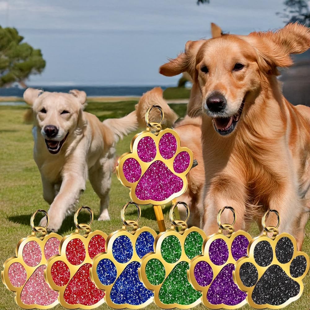 Dog Tags Personalized for Pets – Custom Stainless Steel Name ID Tag for Dogs & Cats, Up to 8 Lines of Engraved Text, Double-Sided, Available in Bone, Heart, Round, Bowtie & More Shapes (Gold Glitter Paw)