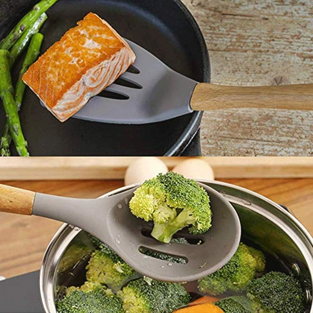 Silicone Cooking Utensils Kitchen Utensil Set - 9 Natural Acacia Wooden Silicone Kitchen Utensils Set - Silicone Utensil Set Spatula Set - Silicone Utensils Cooking Utensil Set