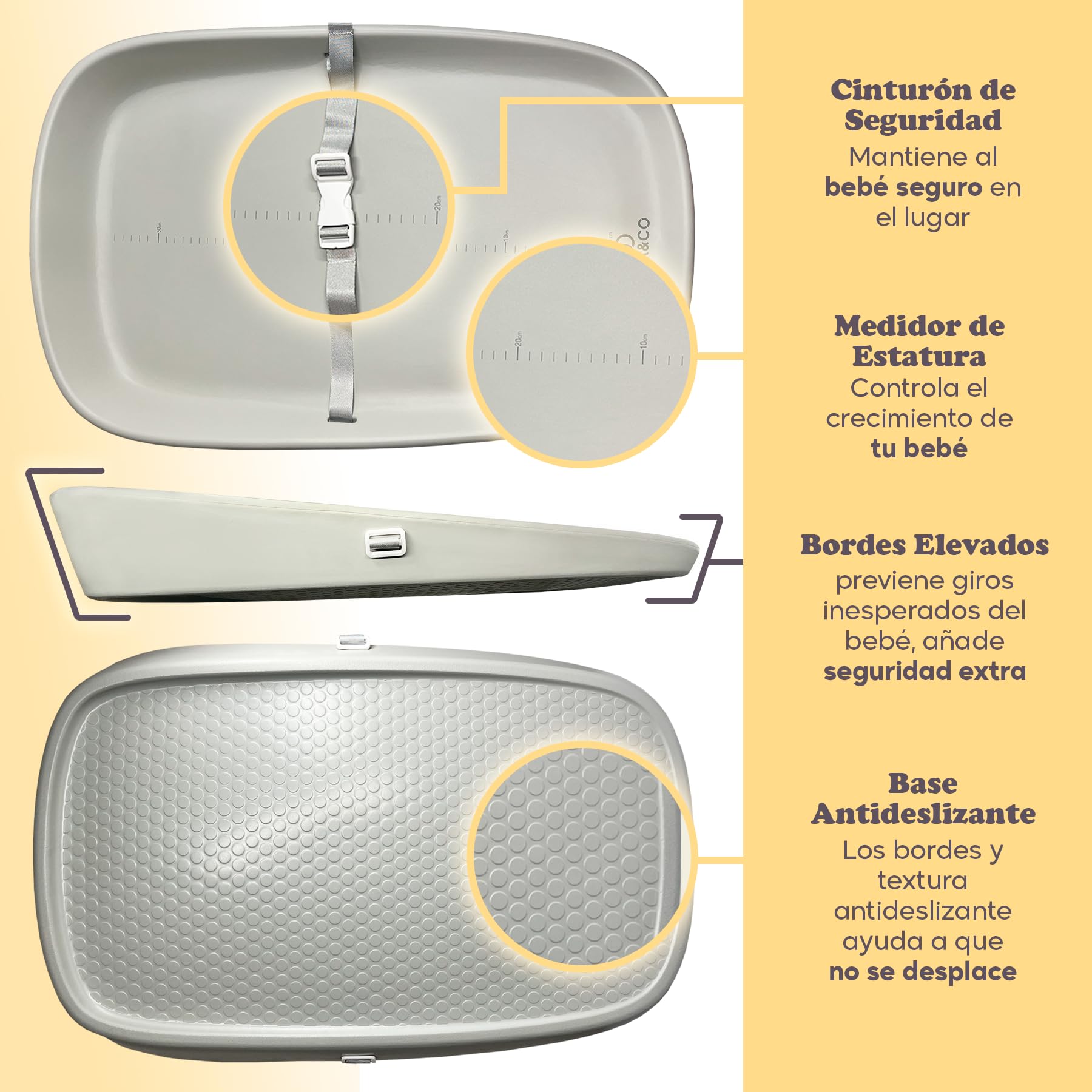 Cambiador Bebé 50x70 cm de Espuma PU Suave (No Rígido), Impermeable e Higiénico, Antideslizante, Bordes Elevados, Cinturón de Seguridad y Medidor Estatura, Portátil para Cómoda, Cama o Viaje (Beige)