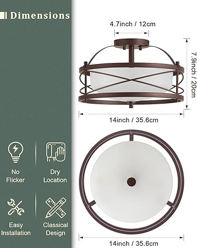 Miniatura 10 de Lámpara de tambor de entrada, lámpara de techo rústica semiempotrada para pasillo, sala de estar, dormitorio, cocina, acabado de bronce antiguo