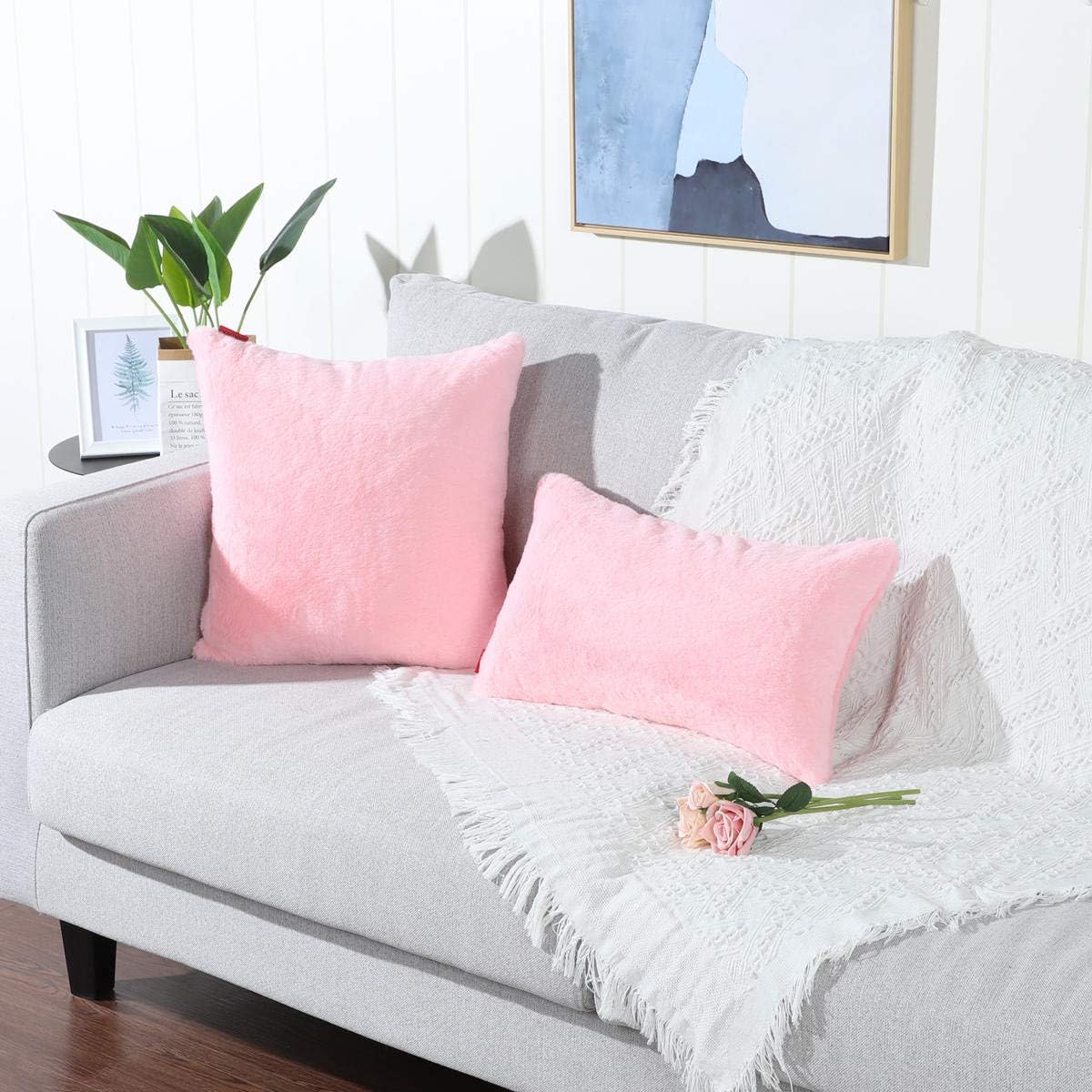 MANDIOO Pack of 2 Pink Faux Fur Fuzzy Cozy Soft Decorative Throw Pillow Covers Set Lumbar Cushion Cases Pillowcases for Sofa Bedroom Car 12x20 Inches - Image 2