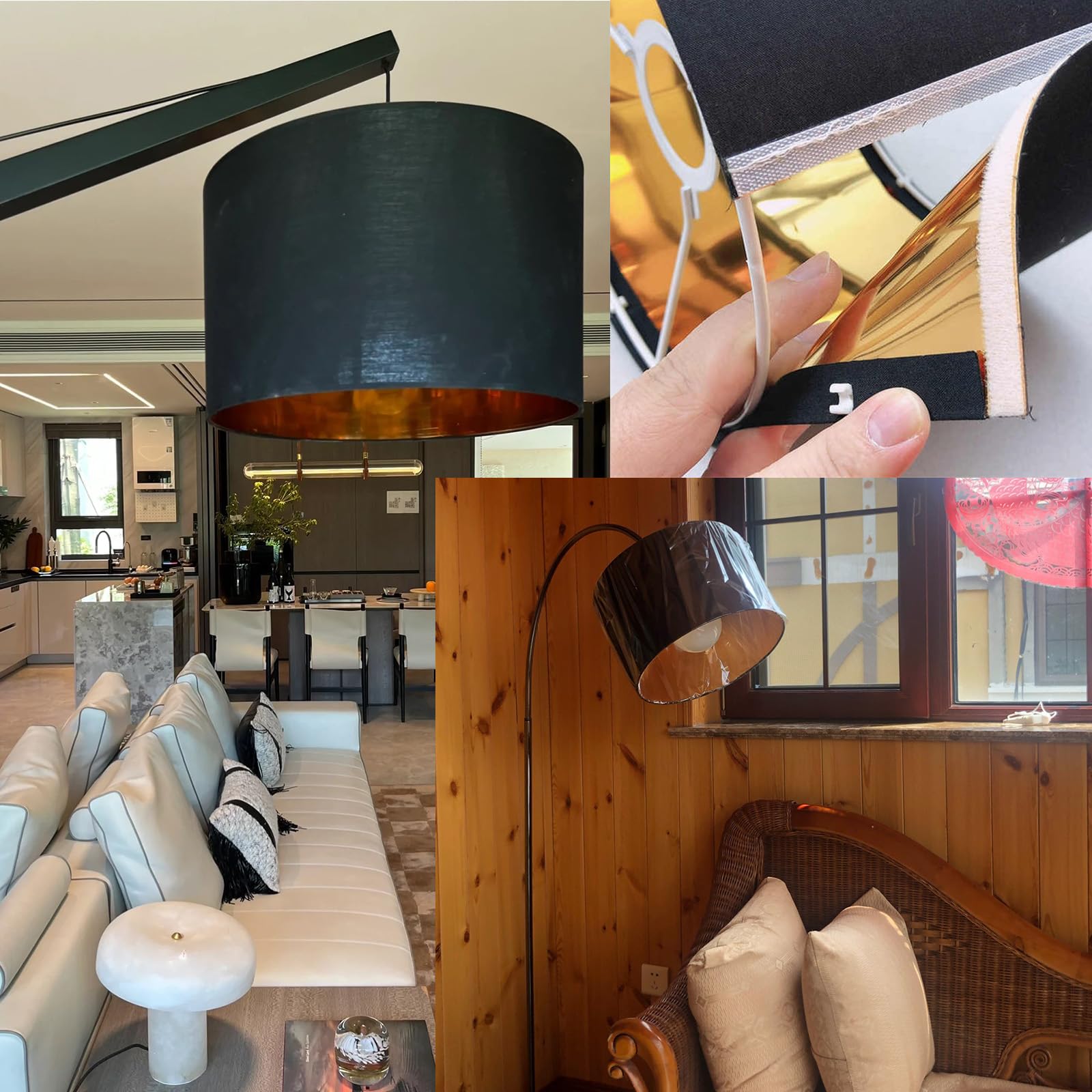 Paralume Tamburo 30x20cm Tessuto Lampada E26 E27 2Nero | Design doppio strato con esterno in lino naturale e interno dorato riflettente, ideale per soffitto, tavolo e terra.