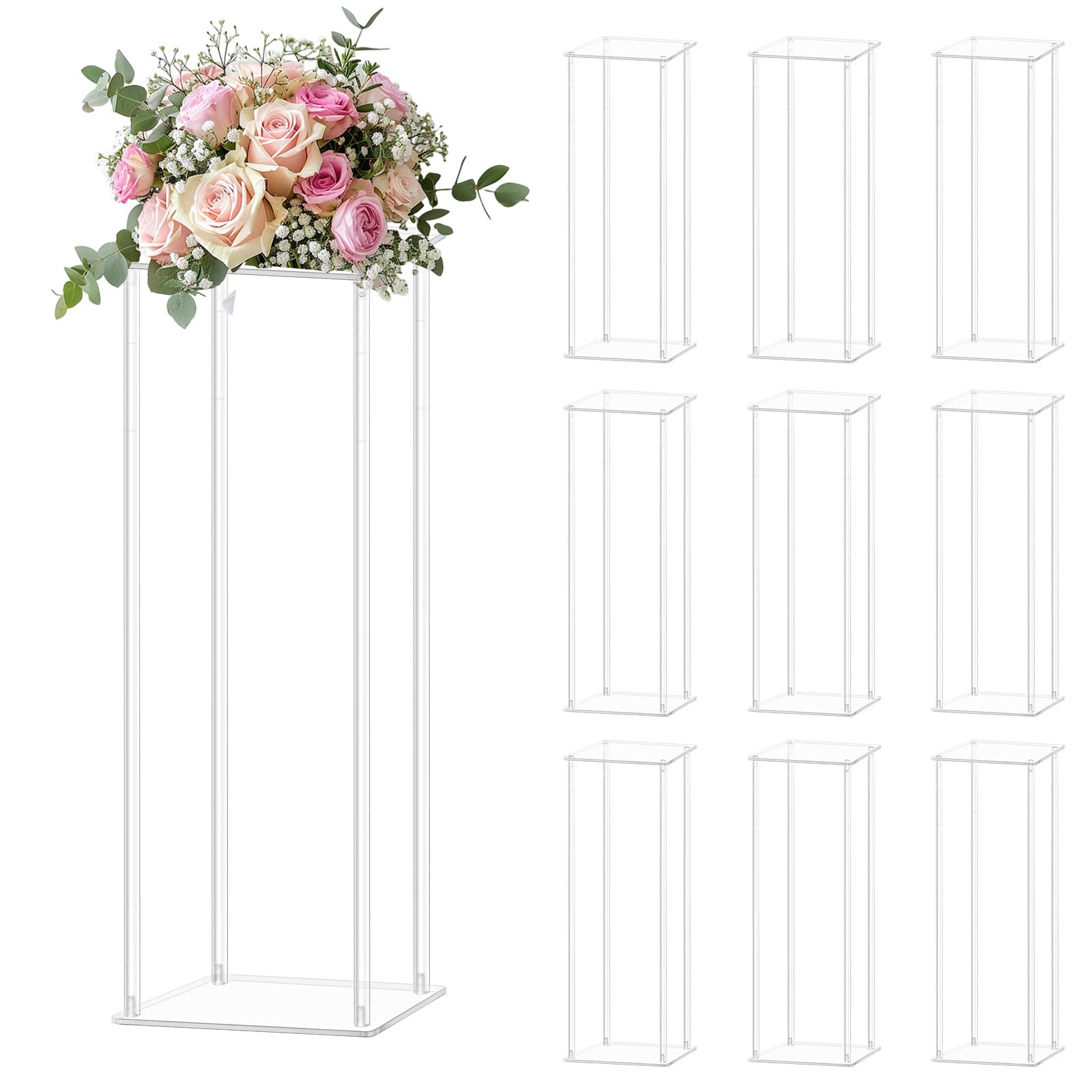 10pcs Acrylic Flower Stand Column 24 Inch Tall Vases for Centerpieces Clear Elegant Floral Display Holder for Wedding Birthday Party T-Stage Events Home Decorations