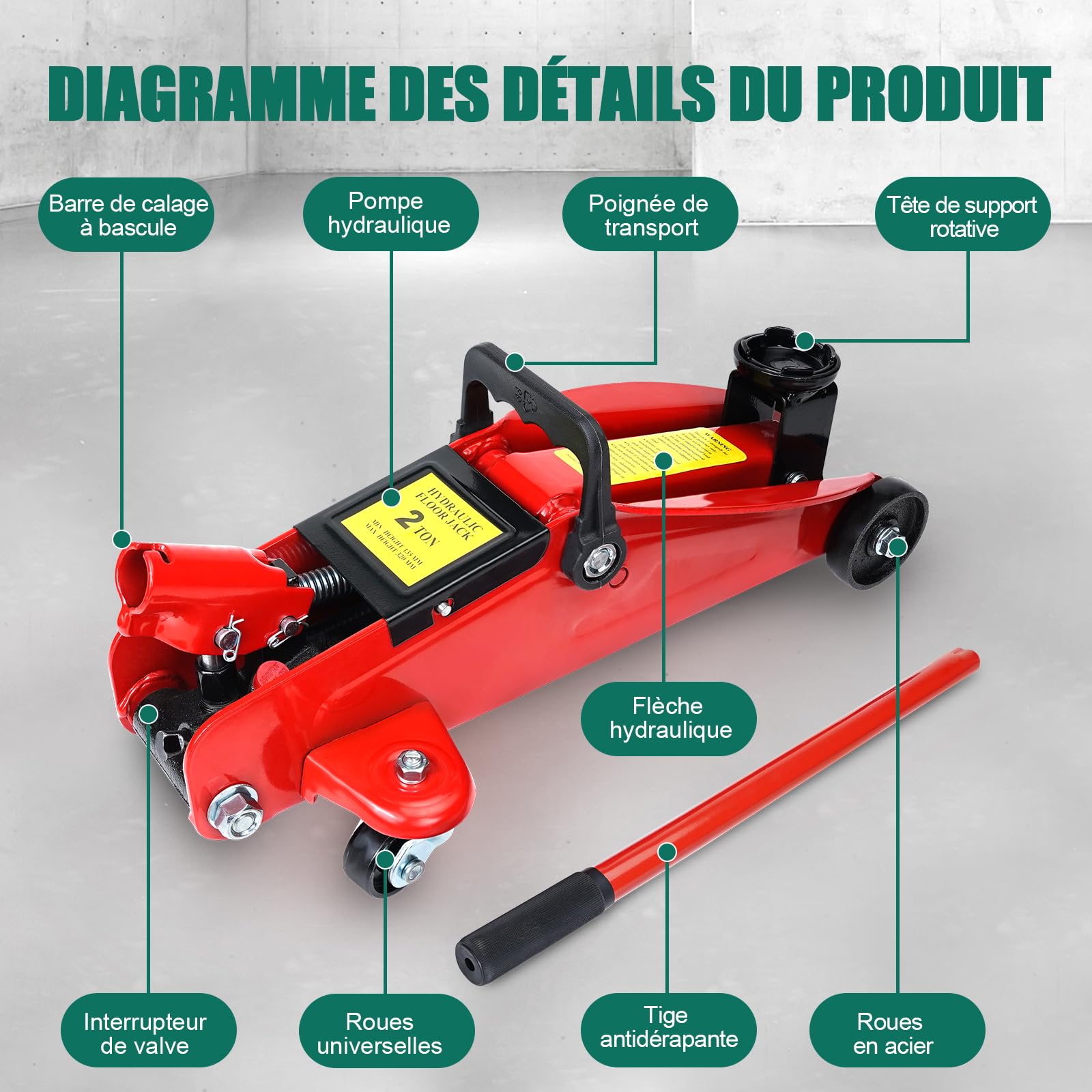 HYCHIKA Cric hydraulique 2,0T, cric rouleur avec pompe à piston à course rapide hydraulique, cric hydraulique, plage de levage 135-320 MM, pour berline, SUV, changement de pneu de rechange