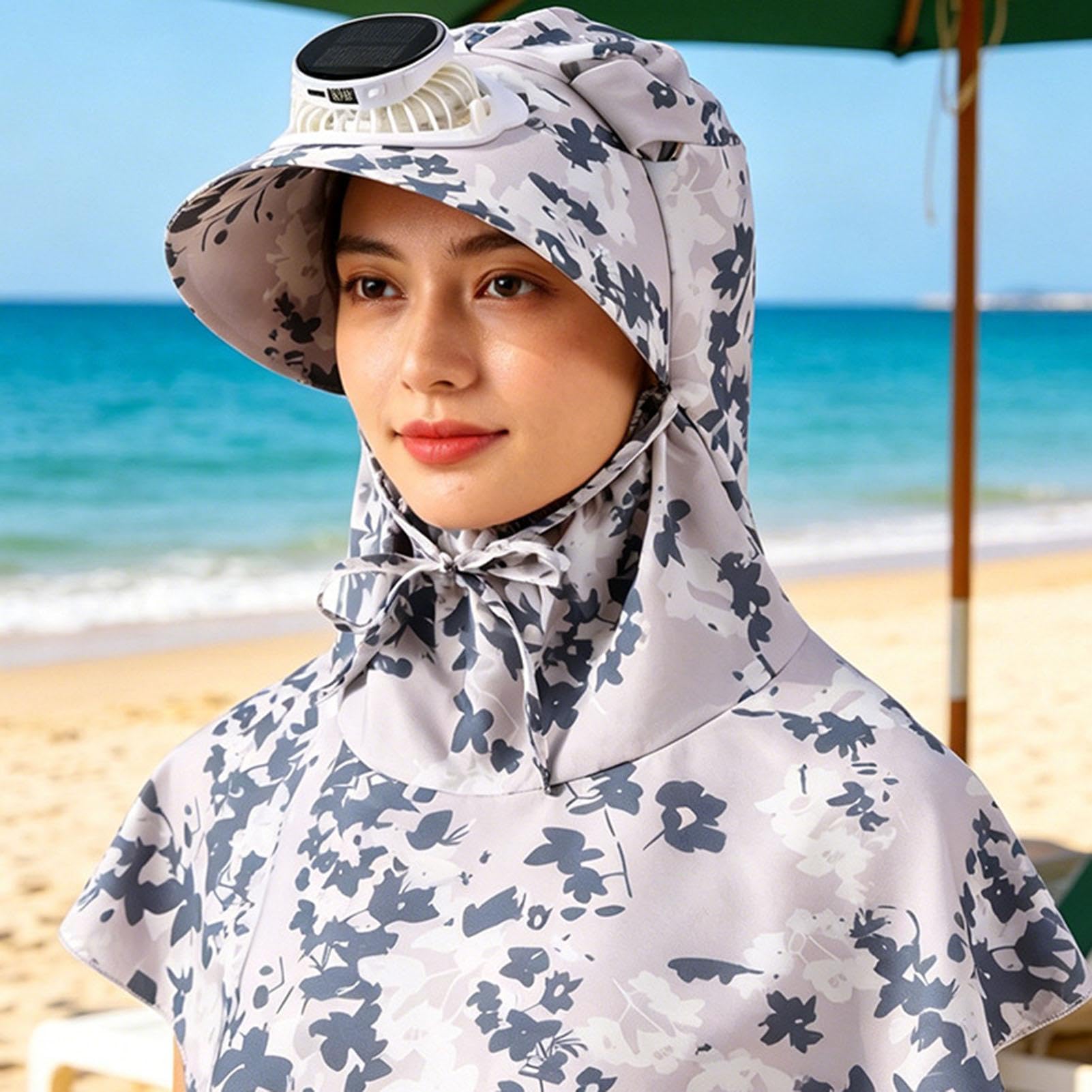 Chapeau avec ventilateurs à énergie solaire – Large bord châle à rabat 3 vitesses – Chapeaux d'éventail pour femme – Pour jardinage, plage, vacances, , camping, randonnée – Gris