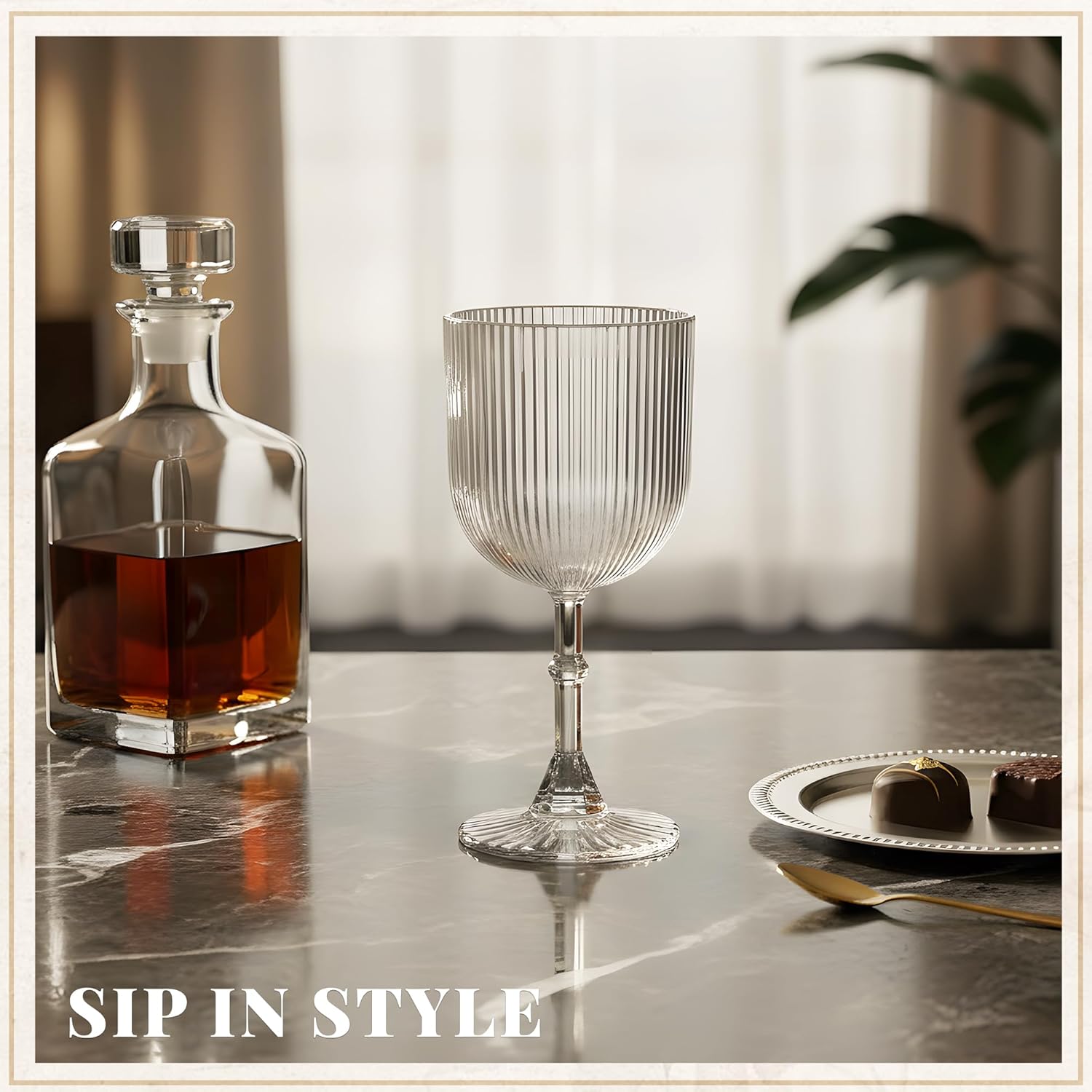 Plastic Wine Glasses 9oz Set, Ribbed Vintage Goblets Unbreakable Reusable BPA-Free Stemmed Drinking Glasses for Parties, Weddings & Events (Clear, 12pcs) - Image 2