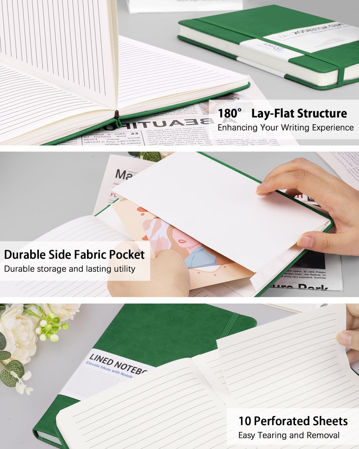 Dynta Hardcover Journal Notebooks, 10 Packs A5 Lined Journals Bulk for Writing 200 Pages/100Sheets, 8.4 x 5.8 inch, Classic Ruled Notebook for Work/Travel/College/Note Taking(Dark Green)