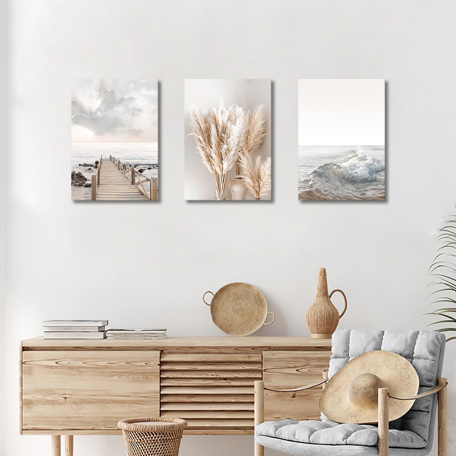 3 Pcs Wooden Framed Canvas Wall Art Set Bohemian Sage Green Canvas Prints Poster Geometric Line Beige Green Pictures for Living Room Bedroom Dinning Room Hallway Stairs Wall Decor 30x40cm x3pcs — view 36