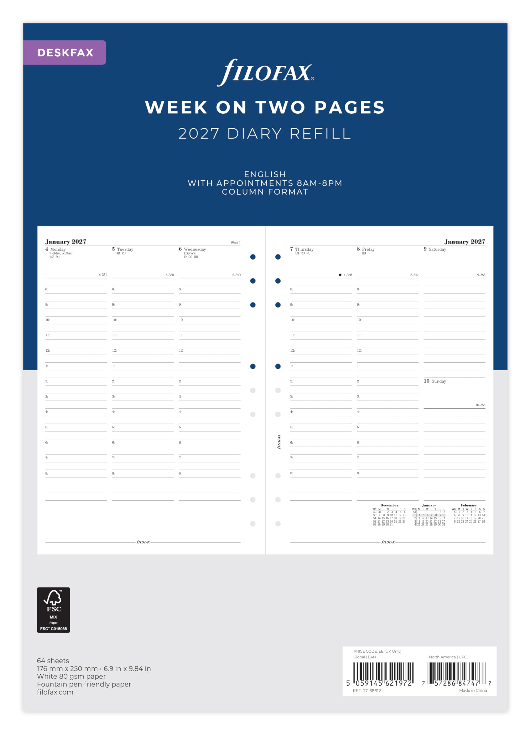 Filofax Deskfax Week on two pages with appointments English 2027 diary 27-68612
