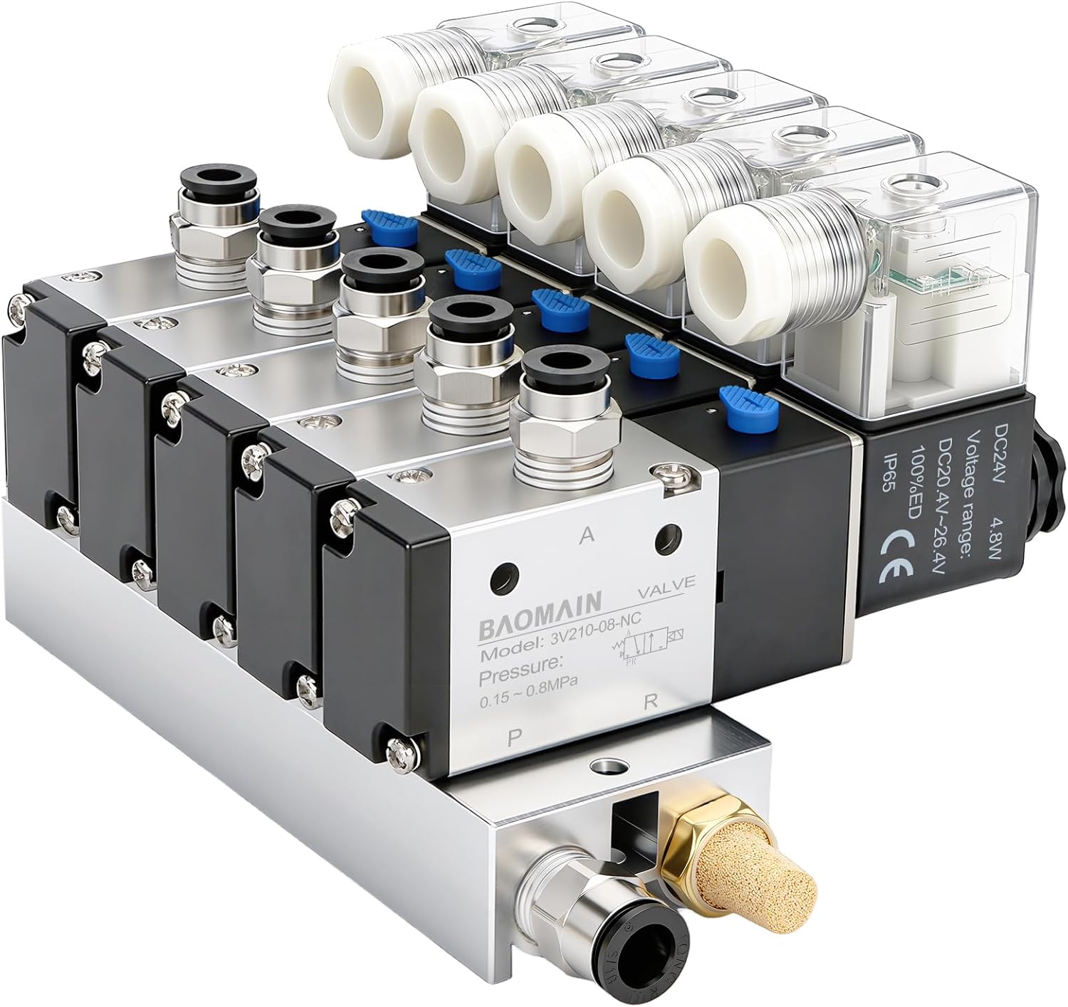 Baomain 5 Station Solenoid Valve Manifold, 24V DC 3 Way 2 Position Pneumatic Air Valve, Five Solenoid, 1/4" PT Port, Includes Manifold Base & Mufflers, 3V210-08