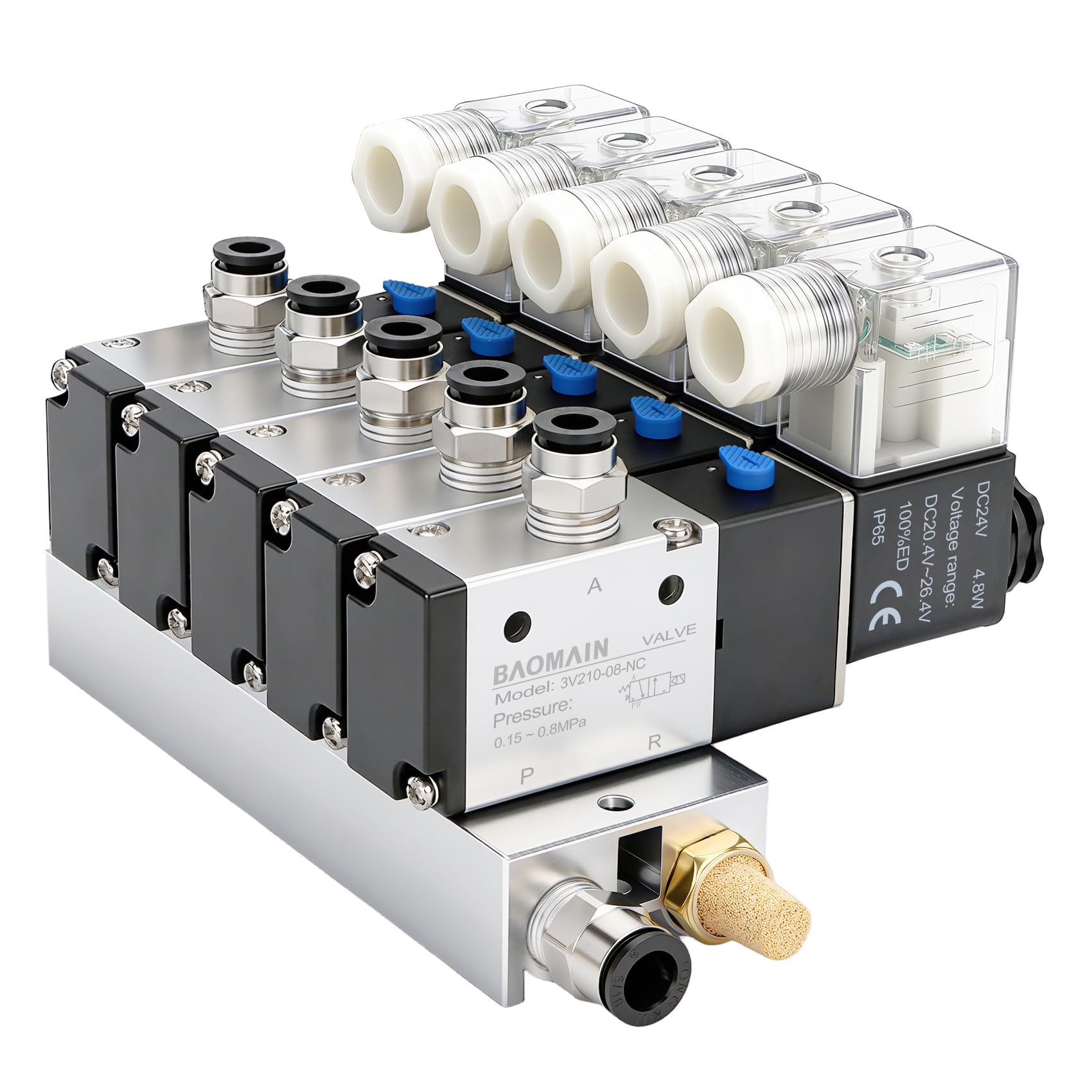 Baomain 5 Spazio Pneumatico Elettrovalvola 3V210-08 24VDC PT1/4 2 Posizione 3 Way con Base Silenziatore Rapido Raccordi Set