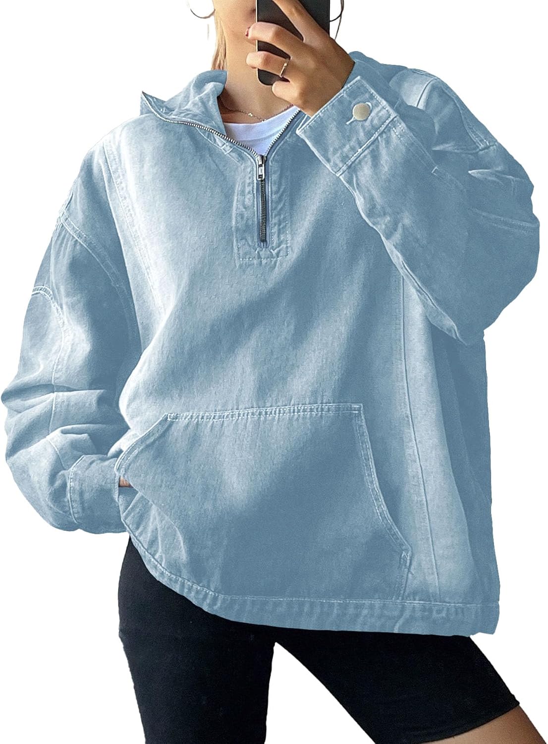 Women's Half Zip Denim Hoodie Pullover Sweatshirt Jean Jacket with Pocket - Image 4