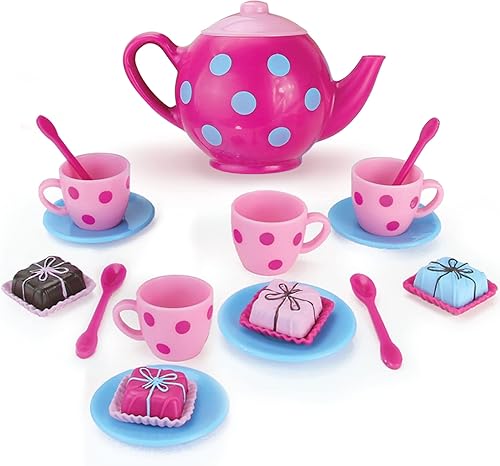 Sophia's Juego de té de lunares de 17 piezas con tetera y tazas más cuatro pasteles detallados Petit Four para muñecas de 18 pulgadas, rosaazul