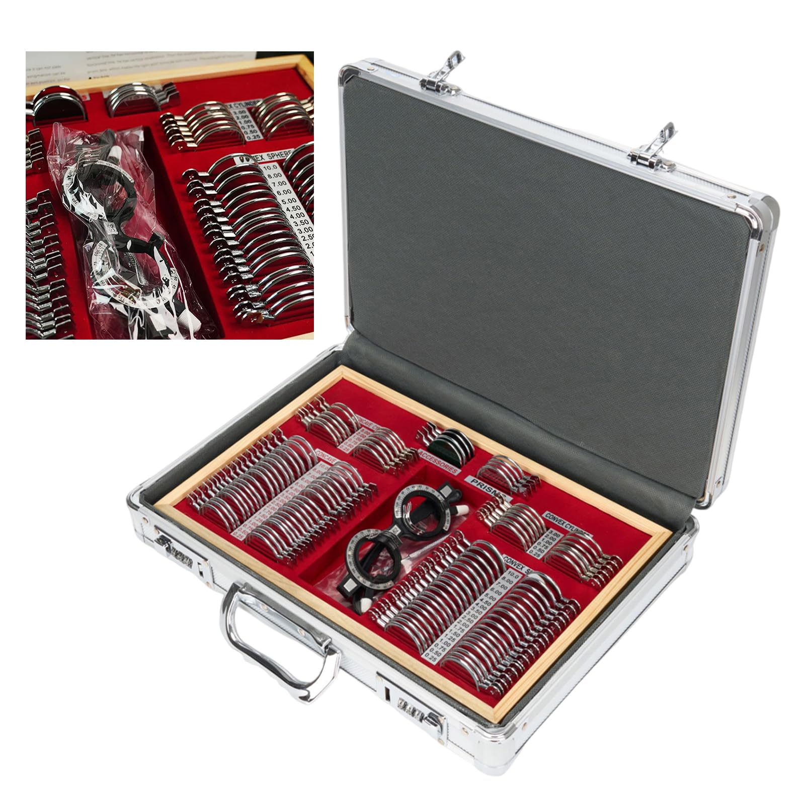 YSFHYAN 104 Pcs Optometry Trial Lens Set with Aluminum Case,Optometry Box Equipment,Optometry Equipment Optical Metal Rim Prism Trial Lens Set,for Optical Shops and Vision Testing Institutions