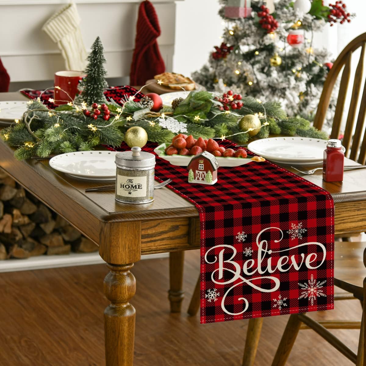 Artoid Mode Red and Black Buffalo Plaid Believe Table Runner, Seasonal Winter Christmas Holiday Kitchen Dining Table Decoration for Indoor Outdoor Home Party Decor 13 x 48 Inch