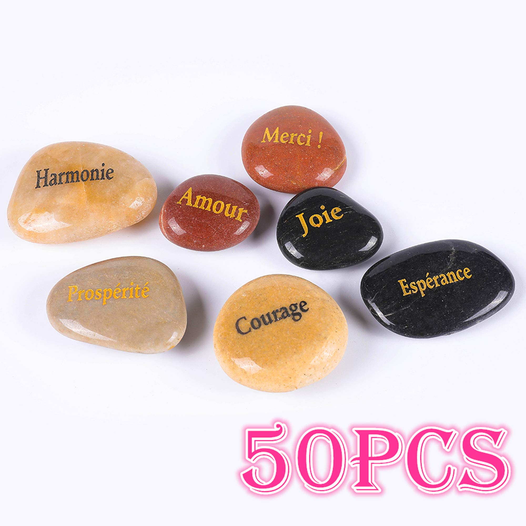 ROCKIMPACT 50 Pierres Gravées Message Chanceuse Inspirant, Cadeau avec Gravure Inspiration Mot, Jardin Décoratifs Galets, Bonheur et Encouragement (Lot de Gros, Mots Assortis, 5-8 cm)