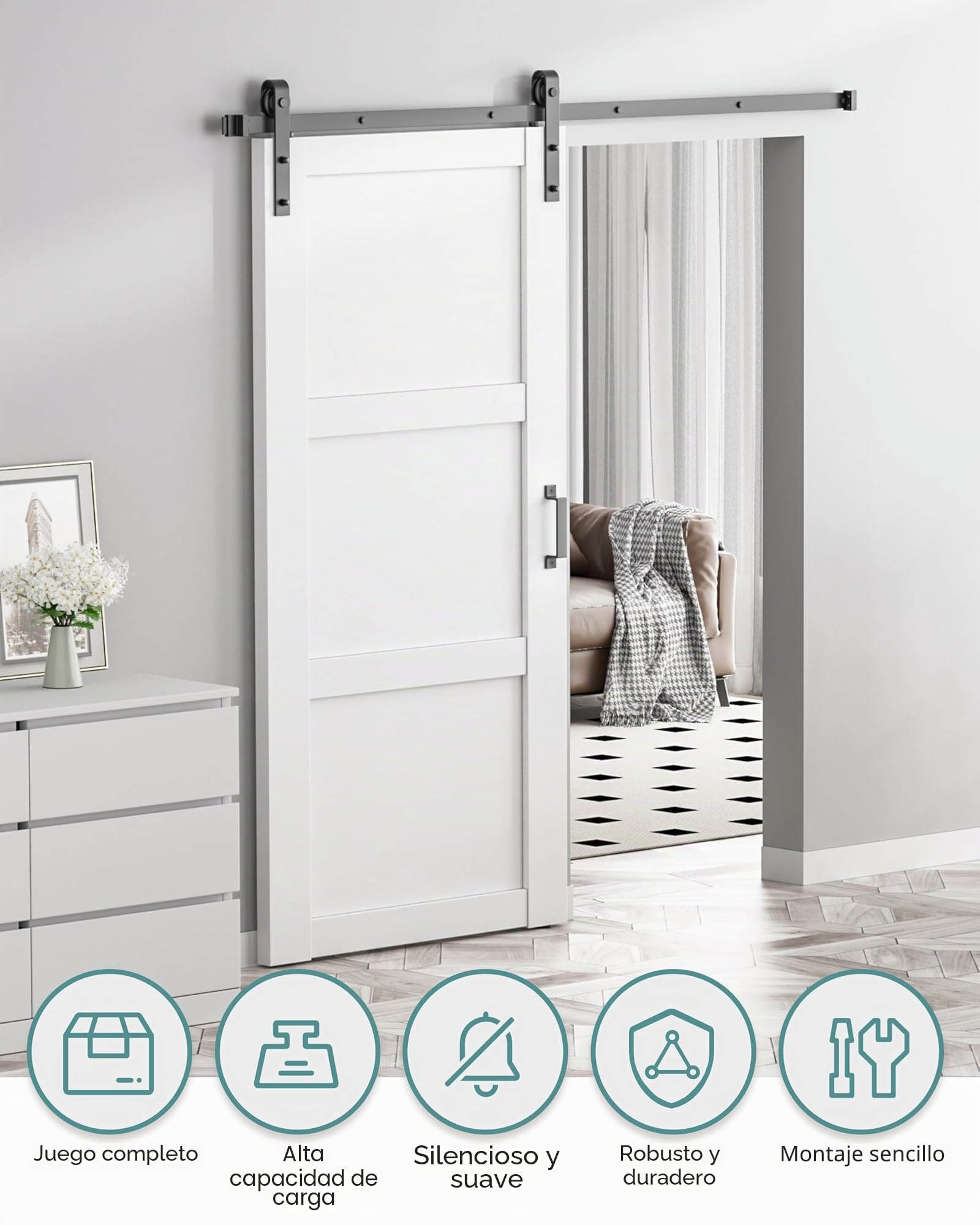 Juego completo de 200 cm para puerta corredera, juego completo de rieles para puerta de madera, accesorio en forma de J
