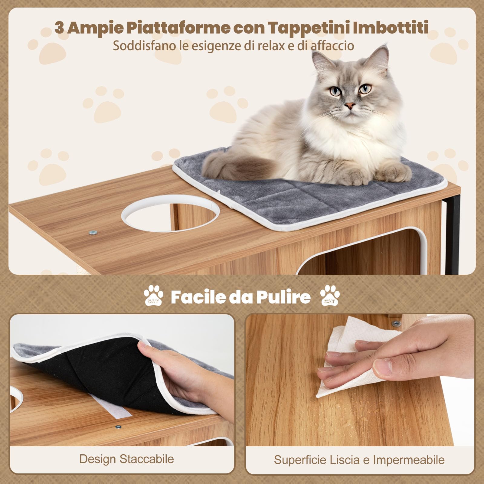 GYMAX Albero per Gatti in Legno con Struttura in Metallo, Condominio e Piattaforma, Pali Tiragraffi in Sisal, Cuscini Lavabili, Torre a Più Livelli, Mobile per Arrampicamento (75 x 45 x 133 cm)