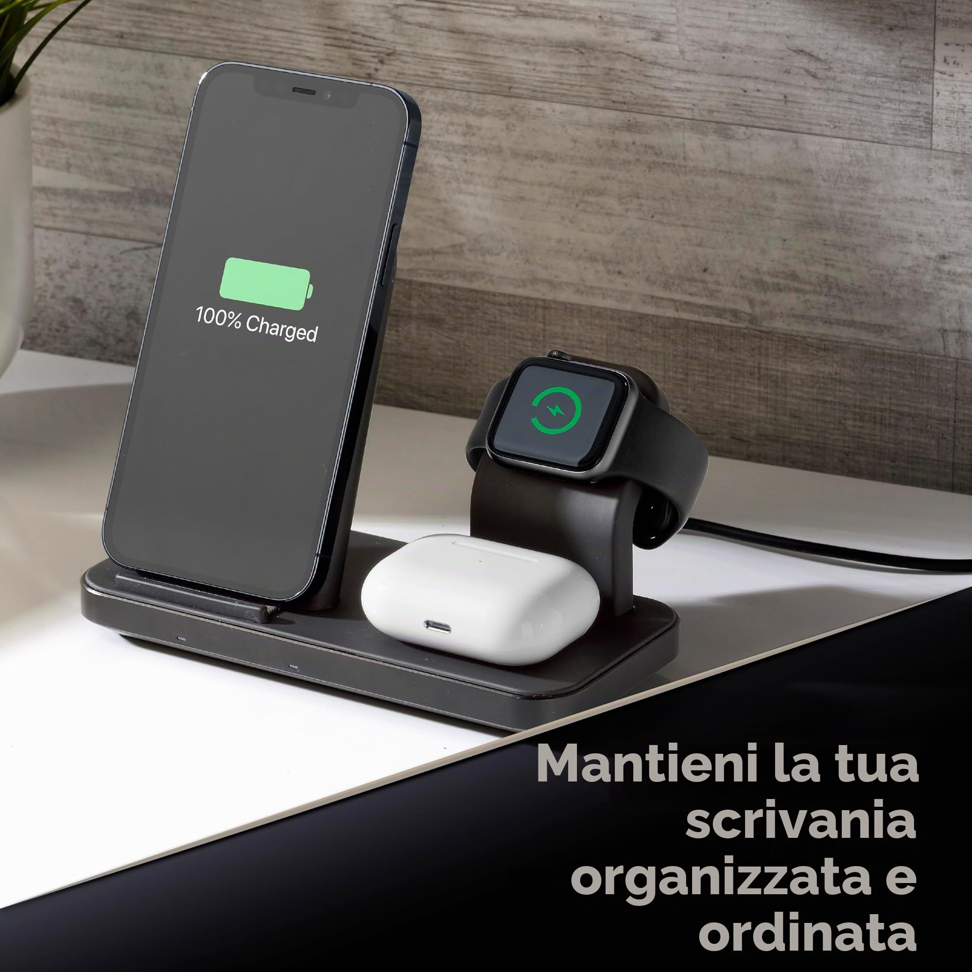 cellularline | TRIO WIRELESS CHARGER | Caricabatterie Wireless 3 in 1 per dispositivi Apple: iPhone, Apple Watch, Airpods, Nero