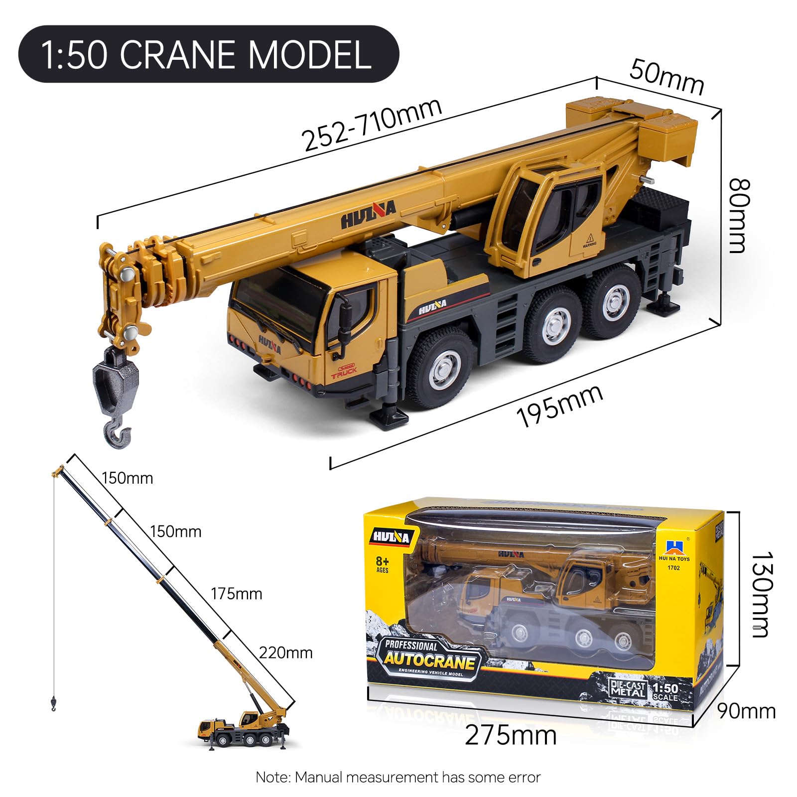 HUGMIE 1:50 Crane Boys Toys,Construction Toys with Movable parts,Truck with Extendable long arm,Winch and Rubber Wheels for Boys Toys Age 8 - Image 4