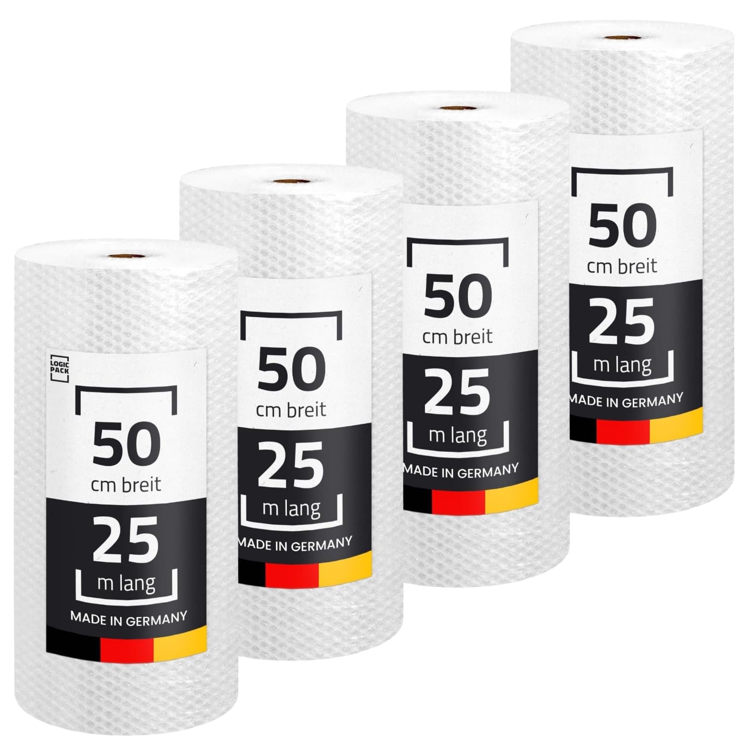 Luftpolsterfolie Rolle für Verpackung, Versand und Umzug 25m x 50 cm - Bubble Wrap Verpackunsgmaterial, 100% recyclingfähig, leicht zu schneiden, 2-schichtig 60my 4 Stück
