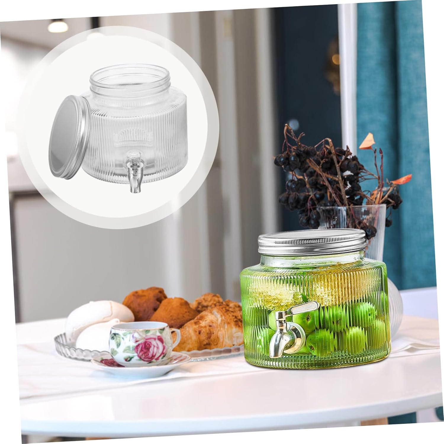 VICASKY Glass Beverage Dispenser with Tap Sealed Fruit Tea Jar for Iced Tea Lemonade and Water Stylish Glass Container for Parties and Home Use
