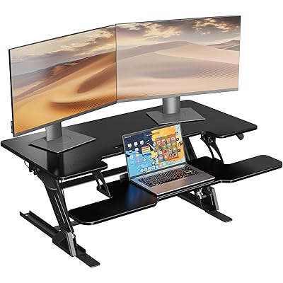 1homefurnit スタンディングデスク 卓上 幅107cm ダブルガススプリング、昇降式デュアルモニター ワークステーション、耐荷重15KG シットスタン …