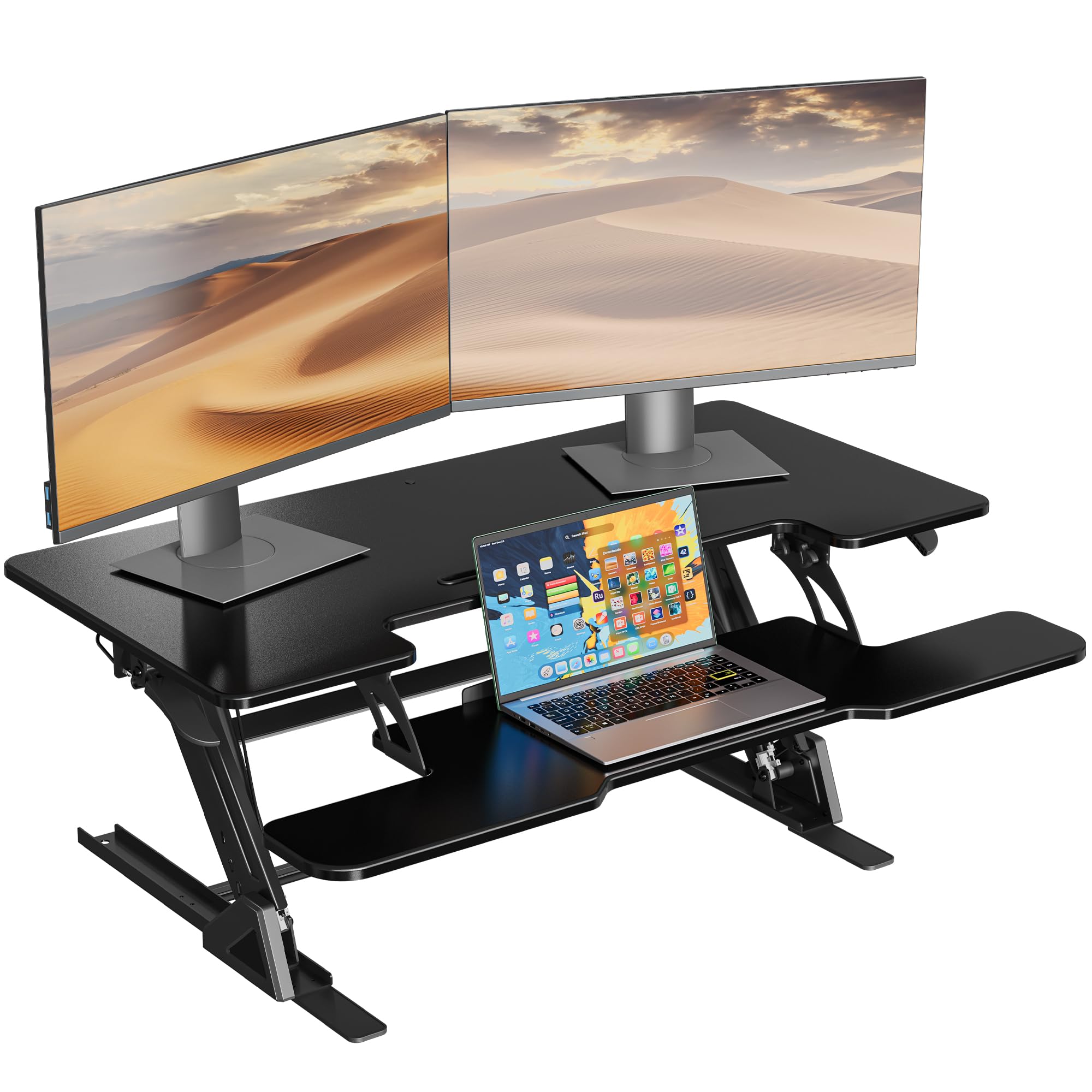 BONTEC Scrivania Regolabile in Altezza, Scrivania Stand-Up con Sistema a Molla Doppia, Riser per Scrivania per Monitor Doppio, 107cm x 52,2cm, Capacità 15kg, Facile da Assemblare, Design Salvaspazio