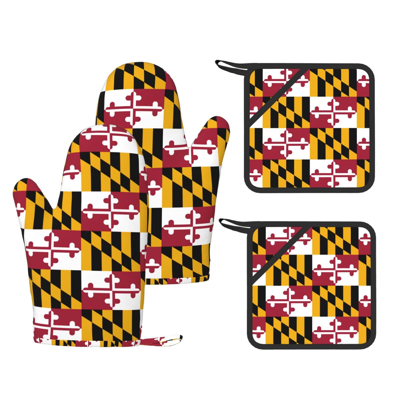 Maryland State Flag Printed Oven Mitts with Pocket and Hot Pads, Silicone Non-Slip Kitchen Gloves for Baking BBQ