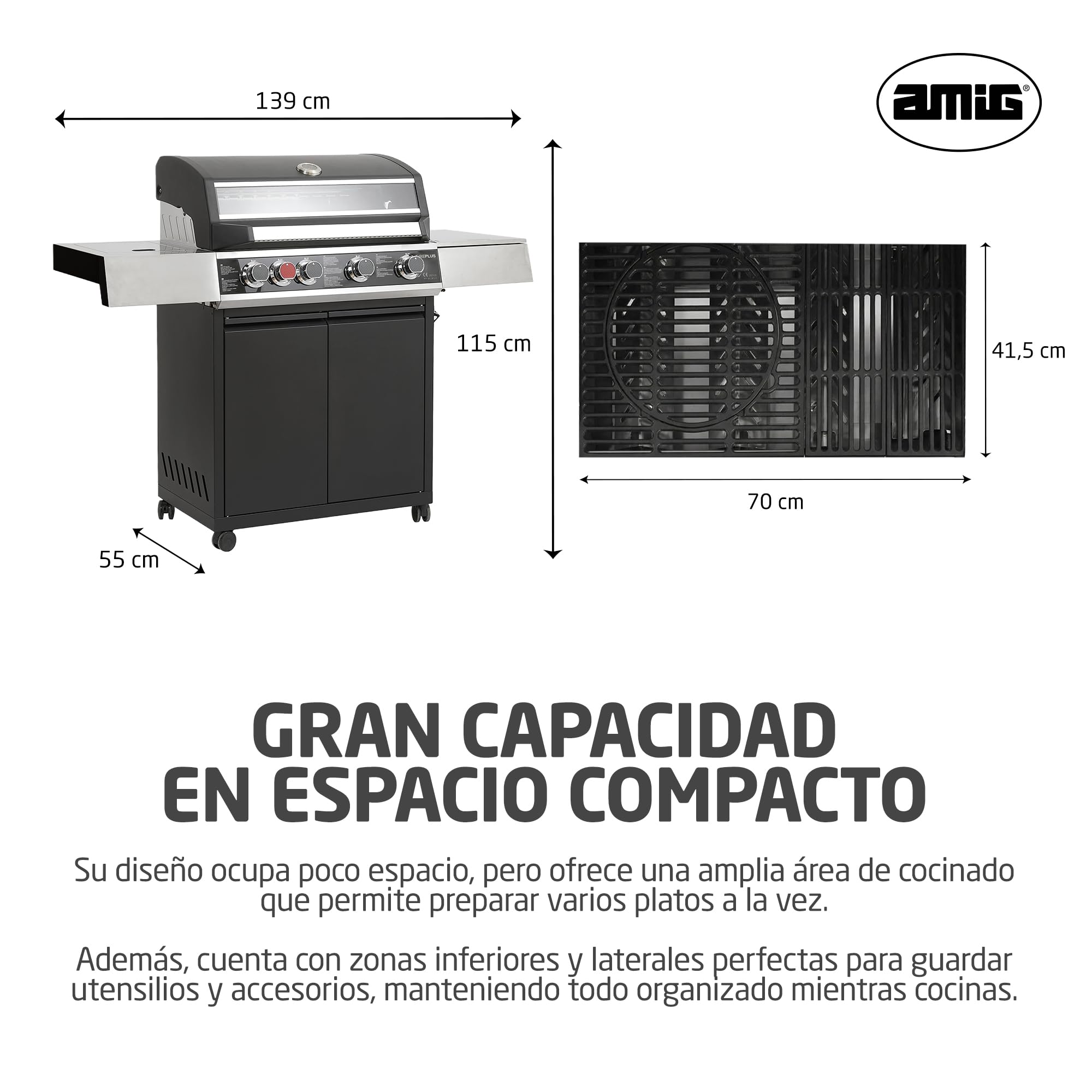 Amig - Barbacoa de Gas XXL Fireplus GRILL-2 5F - 139 x 55 x 115 cm - Superficie de Cocción 70x41,5 cm - Con Termómetro, Estante Lateral, Armario y Ruedas con Freno - Parrilla de Hierro Fundido - Negro