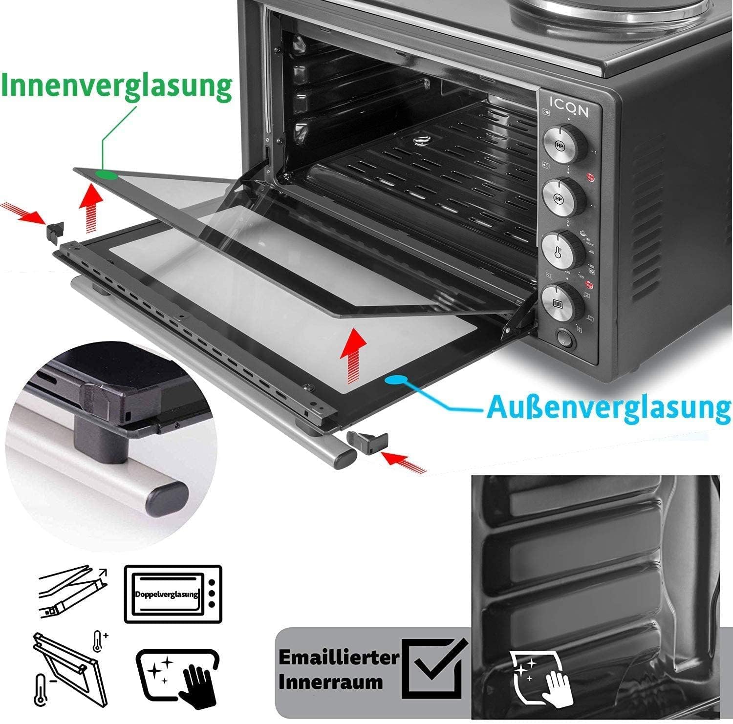 ICQN Mini forno da 42 Litri con 2 piastre di cottura con regolazione della temperatura indipendemente regolabile, Smaltato 3800 W, Illuminazione interna, 6 Funzoni di cottura, Forno per pizza ICQN Mini forno da 42 Litri con 2 piastre di cottura con regolazione della temperatura indipendemente regolabile, Smaltato 3800 W, Illuminazione interna, 6 Funzoni di cottura, Forno per pizza
