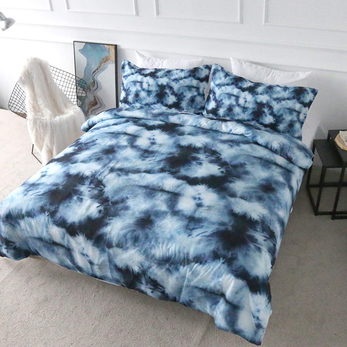 BlessLiving Boho Tie Dye Bedding Indigo Blue Ethnic Duvet Cover Set 3 Pieces Bohemian Hippie Chic Quilt Cover Sets (Double)