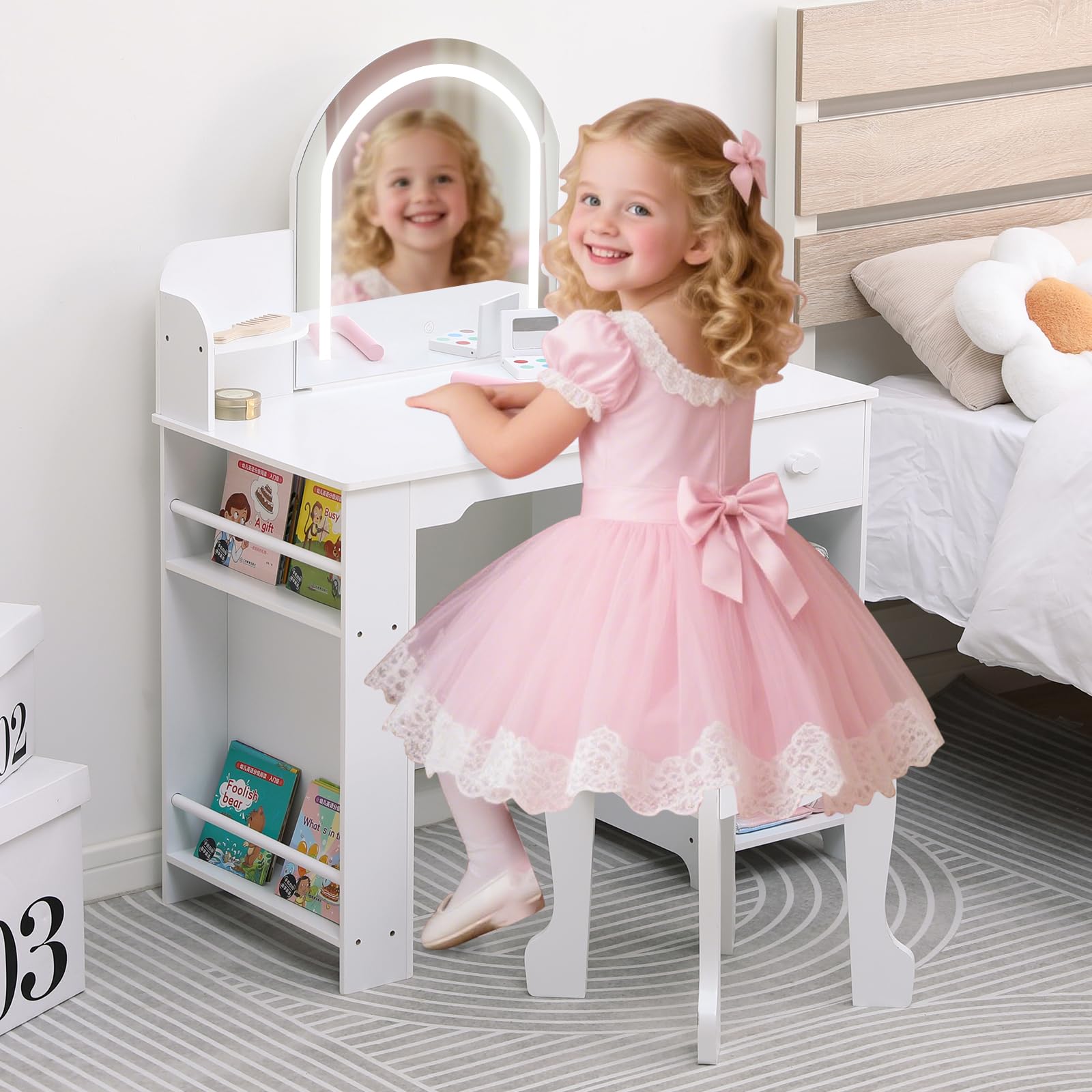GarveeHome Kinder Schminktisch Set mit LED-Spiegel & Hocker – Holz Schminktisch für Mädchen mit Schubladen, offenen Fächern & Bücherregal – Perfekt für Kinderzimmer oder Spielzimmer – Farbe: Weiß