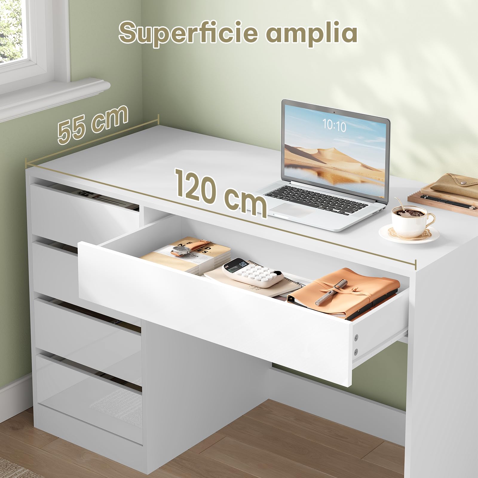 eSituro Biurko do makijażu, 120 x 55 cm, toaletka z 5 szufladami bez lustra, biurko biurowe na komputer, do biura, gabinetu i sypialni