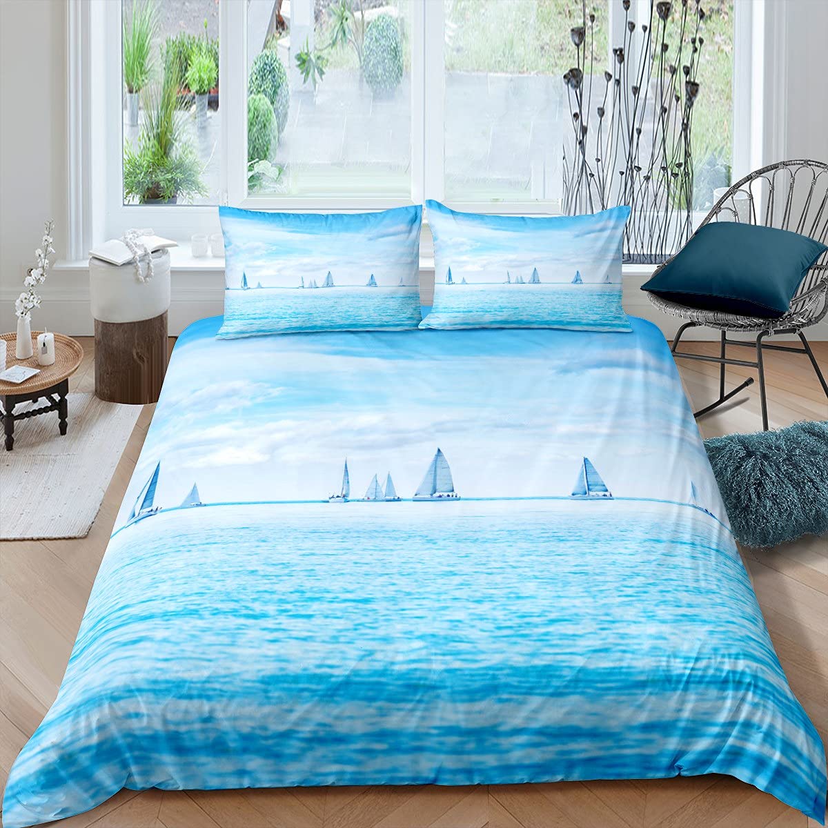 Feelingyou Boys Multi 16 Blue Ocean Theme Bedding Set,Sailboat Print Duvet Cover For Kid Teen Girls,Nautical Theme Comforter Cover Decorative Room,Sky Clouds Quilt Cover With 2 Pillowcases,Double Size