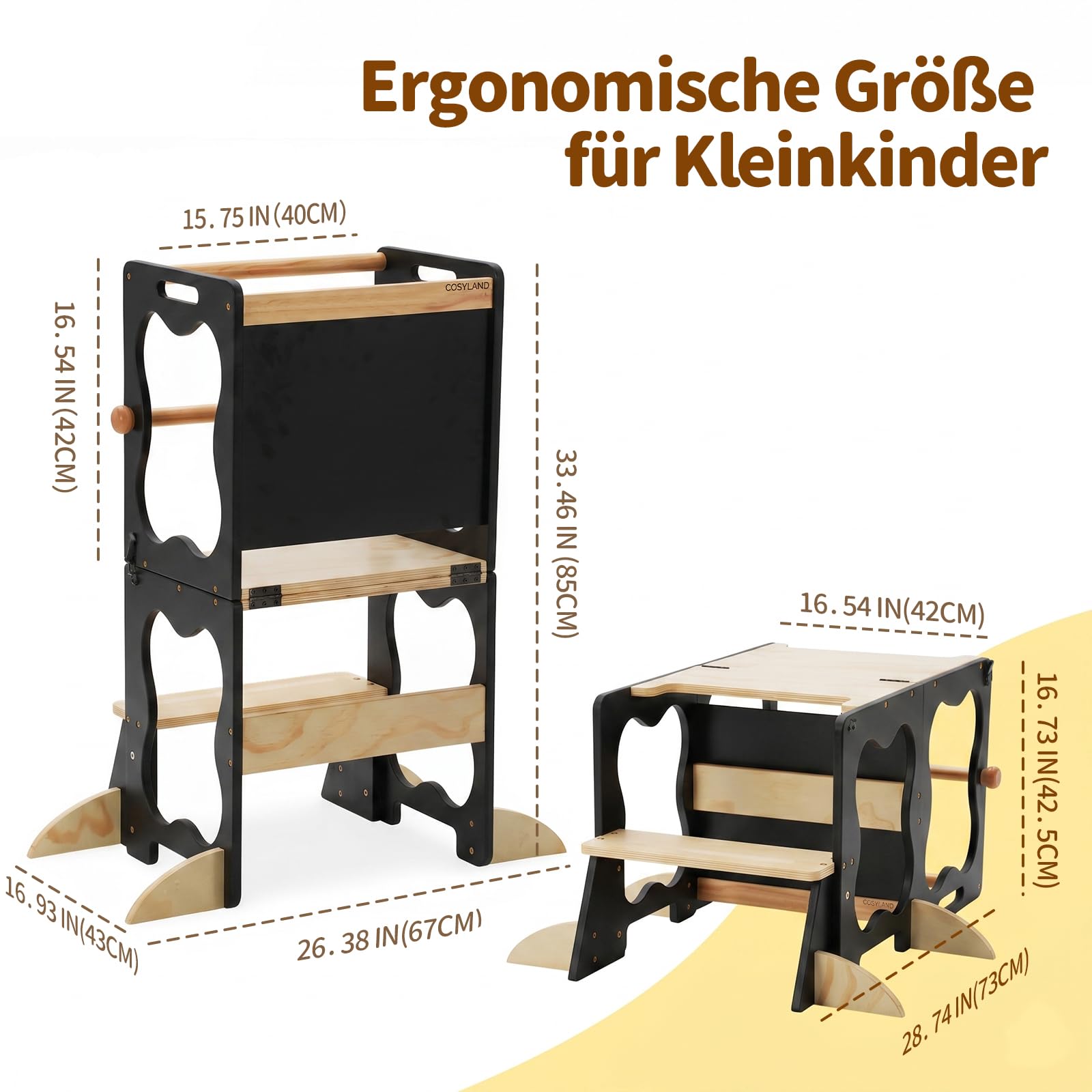 COSYLAND Lernturm Kinder 3in1 Küchenhelfer mit Tafel & Geländer Schwarz | Stabiler Küchenhelfer, wandelbar zu Tisch & Stuhl. Ideal für Lernen, Spielen und Küche. Sicher und zuverlässig.