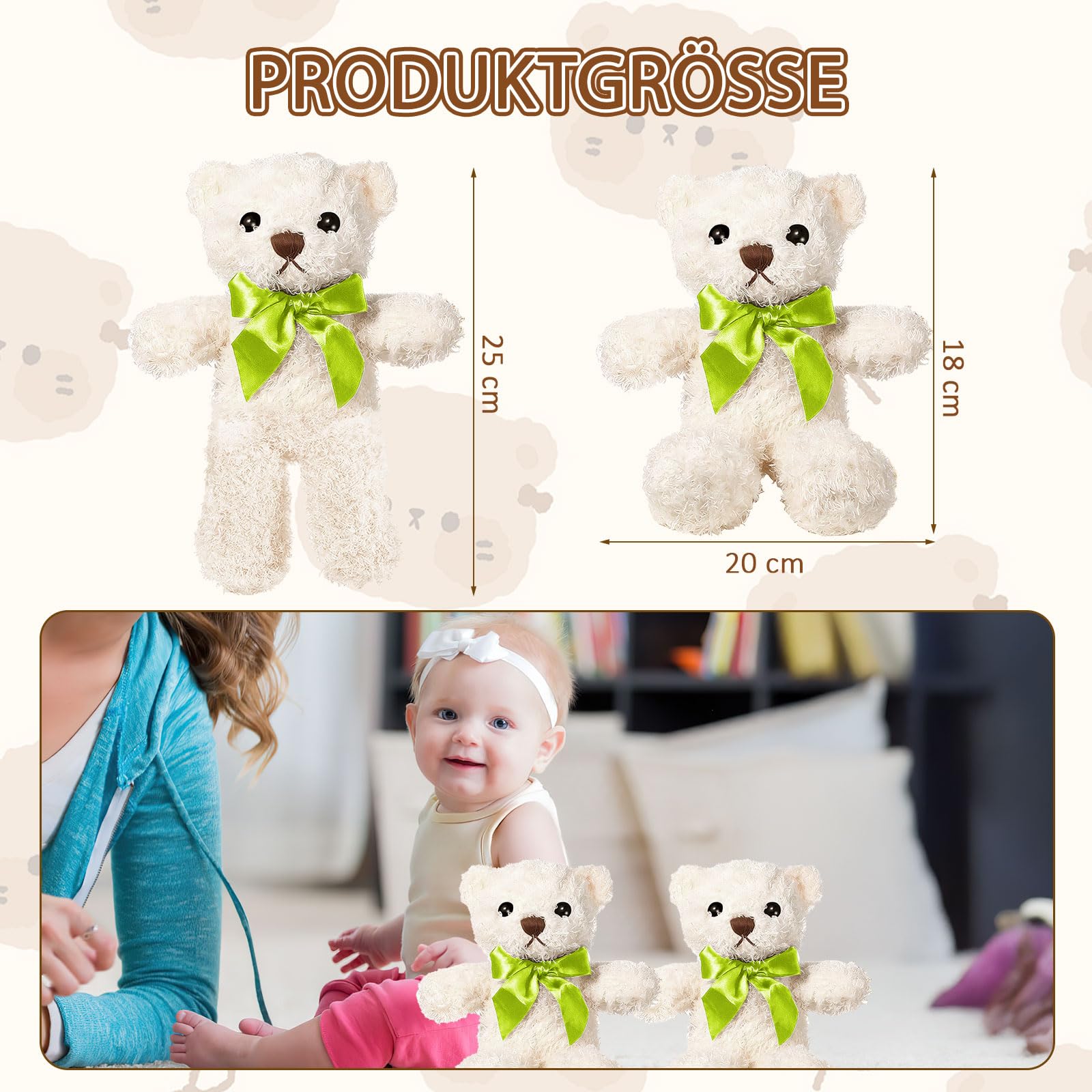 Juego de 16 osos de peluche de 25 cm, pequeños osos de peluche en color marrón claro y blanco con lazo, peluches suaves para abrazar, ideas de regalo y decoración de fiestas para cumpleaños