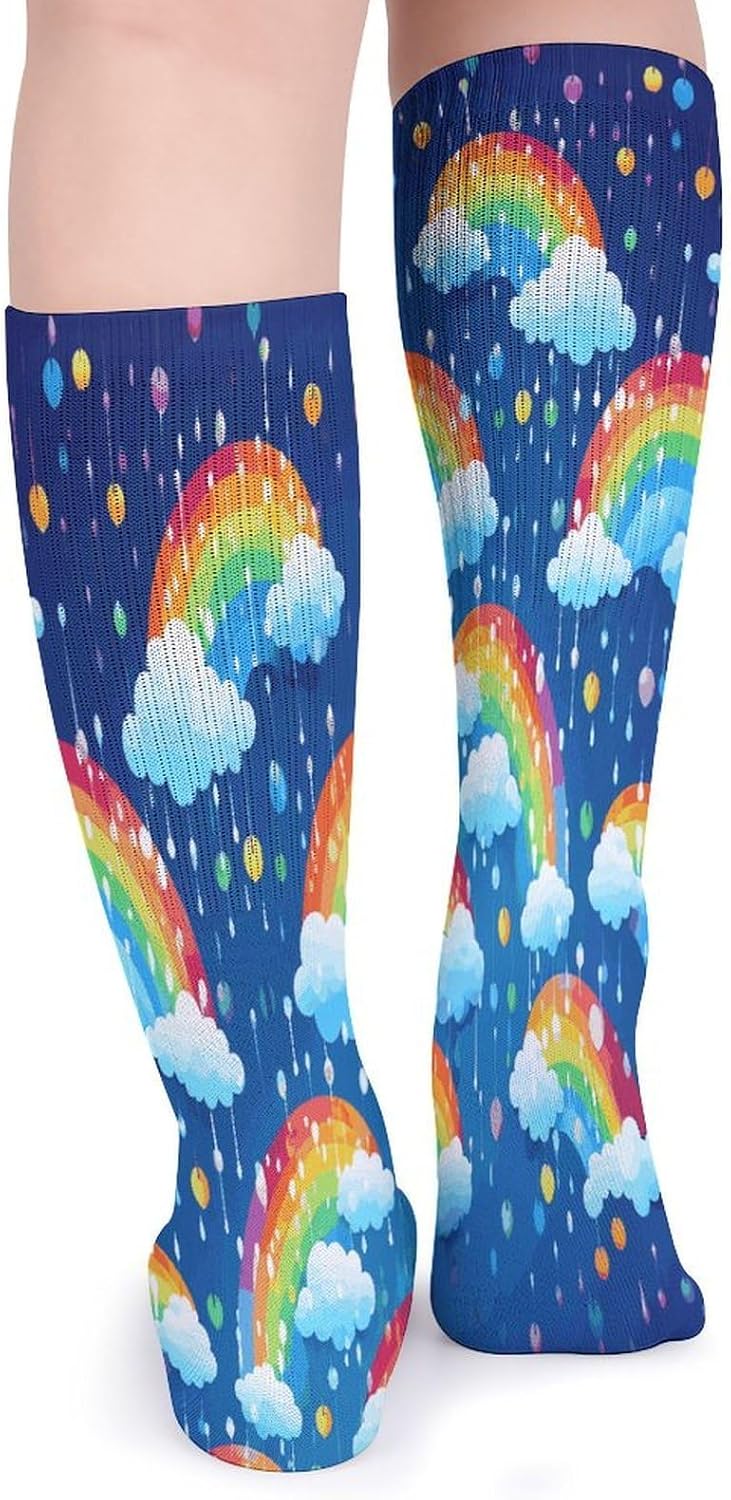 Rainbow Clouds Raindrop Knee High Socks Cozy Knee High Socks Soft Mid-Length Sock for All Seasons Daily Wear Adult
