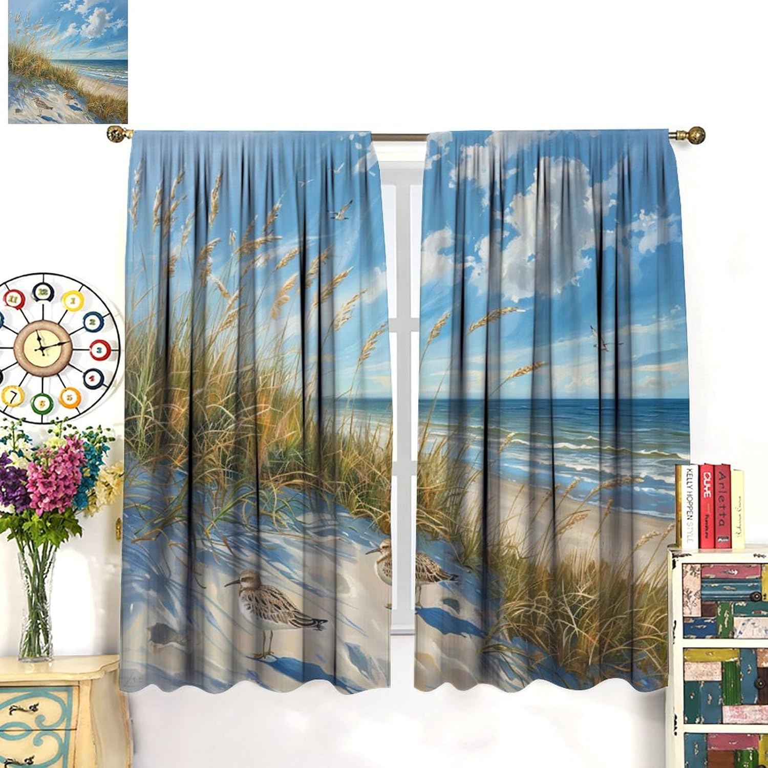 Watercolor Botanical Coastal Blackout Curtains for Living Room Bedroom, Bird Beach Landscape Window Curtains Rod Pocket Thermal Insulated Window Drapes, 2 Panels, Each 21" W x 45" L