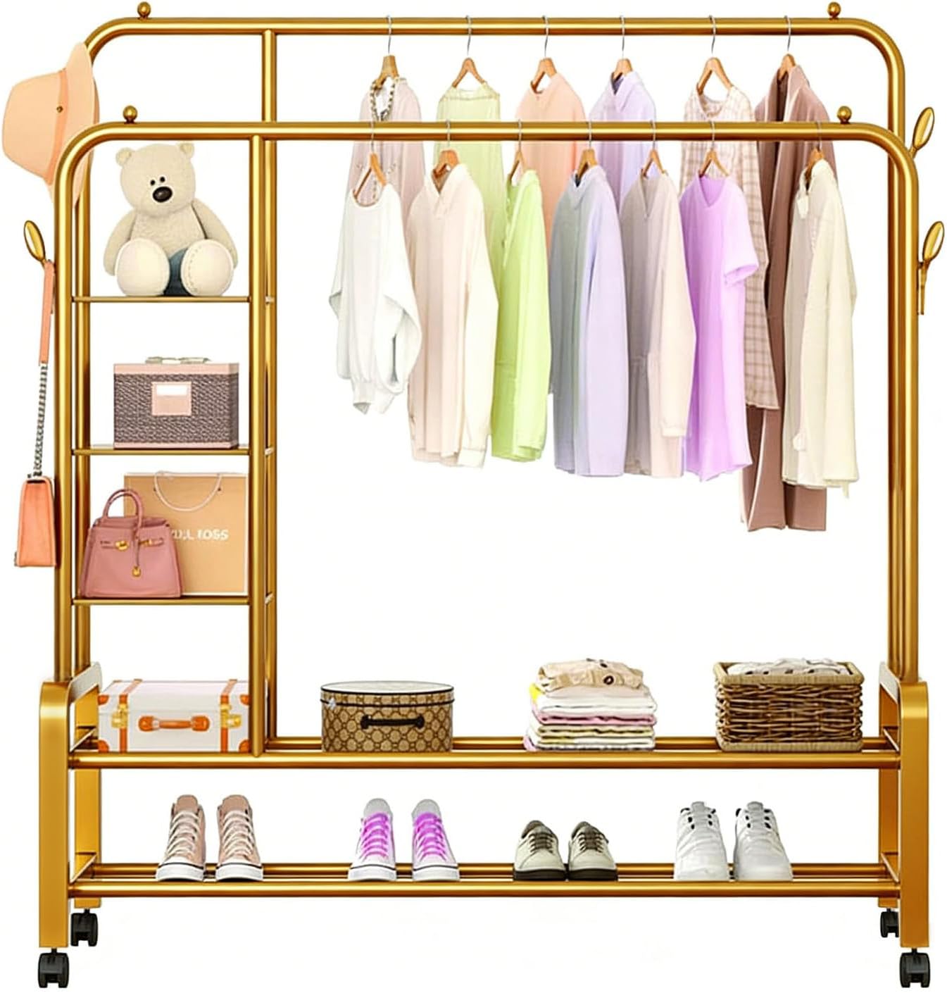 LLHONG Heavy Duty Clothes rail, Portable Clothes Rack with Lockable Wheels, Standing Metal Wardrobe with Side Hooks & Multi-Tier Shelving, Ideal for Bedrooms, Living Rooms, and Clothing Stores (Gold)