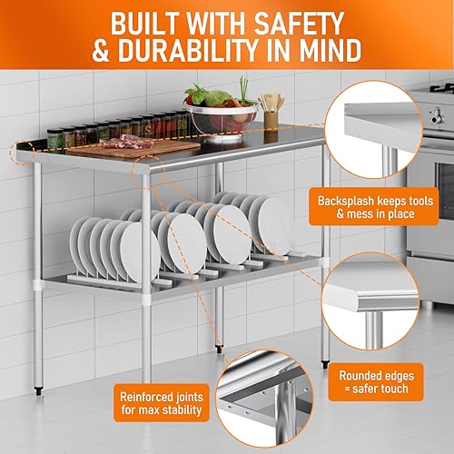 Miniatura 5 de HOCCOT Mesa de preparación y trabajo de acero inoxidable con estante ajustable y salpicadero, isla de cocina con almacenamiento, estaciones de