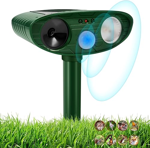 Dispositivo disuasorio ultrasónico para gatos, dispositivo disuasorio alimentado por energía solar con sensor de movimiento y luz intermitente,