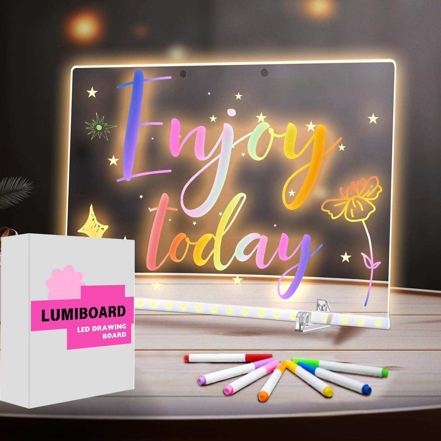 Lumiboard LED Drawing Board standing on a desk, illuminated.