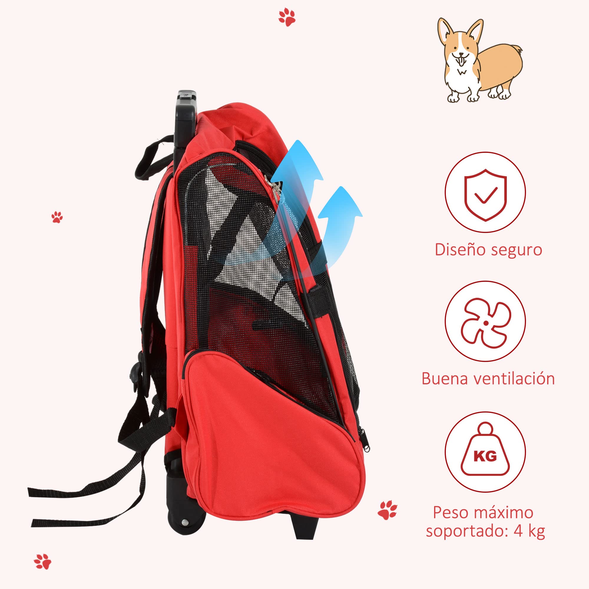 PawHut Transportín 2 en 1 para Mascotas Mochila o Carrito de Viaje para Perro y Gato con 2 Ruedas con Asa retráctil de Aluminio y Bolsillos 42x25x55 cm Rojo