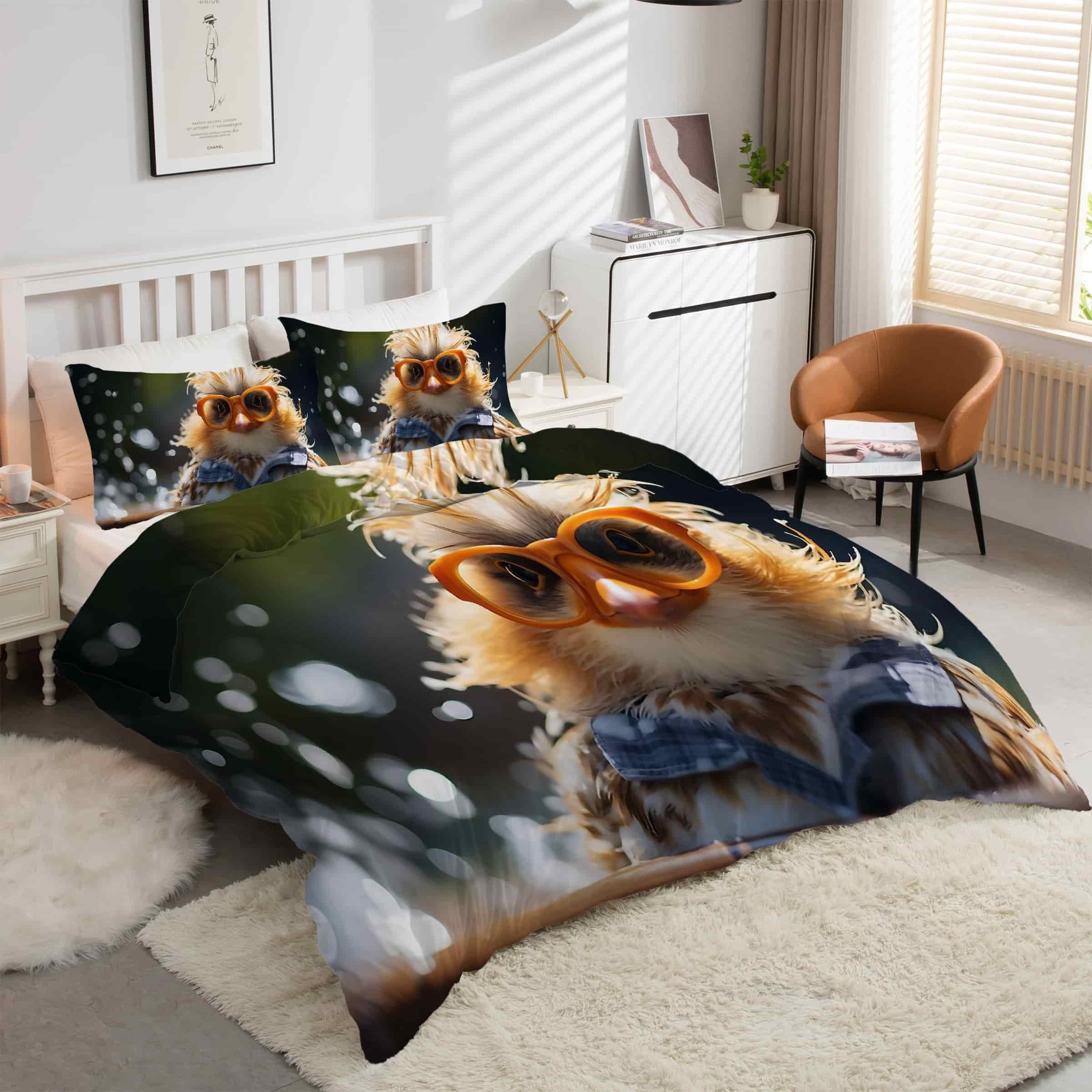 Housse de couette 240 x 260 poussins mignon parure de lit 3 pièces microfibre grand lit kK2268