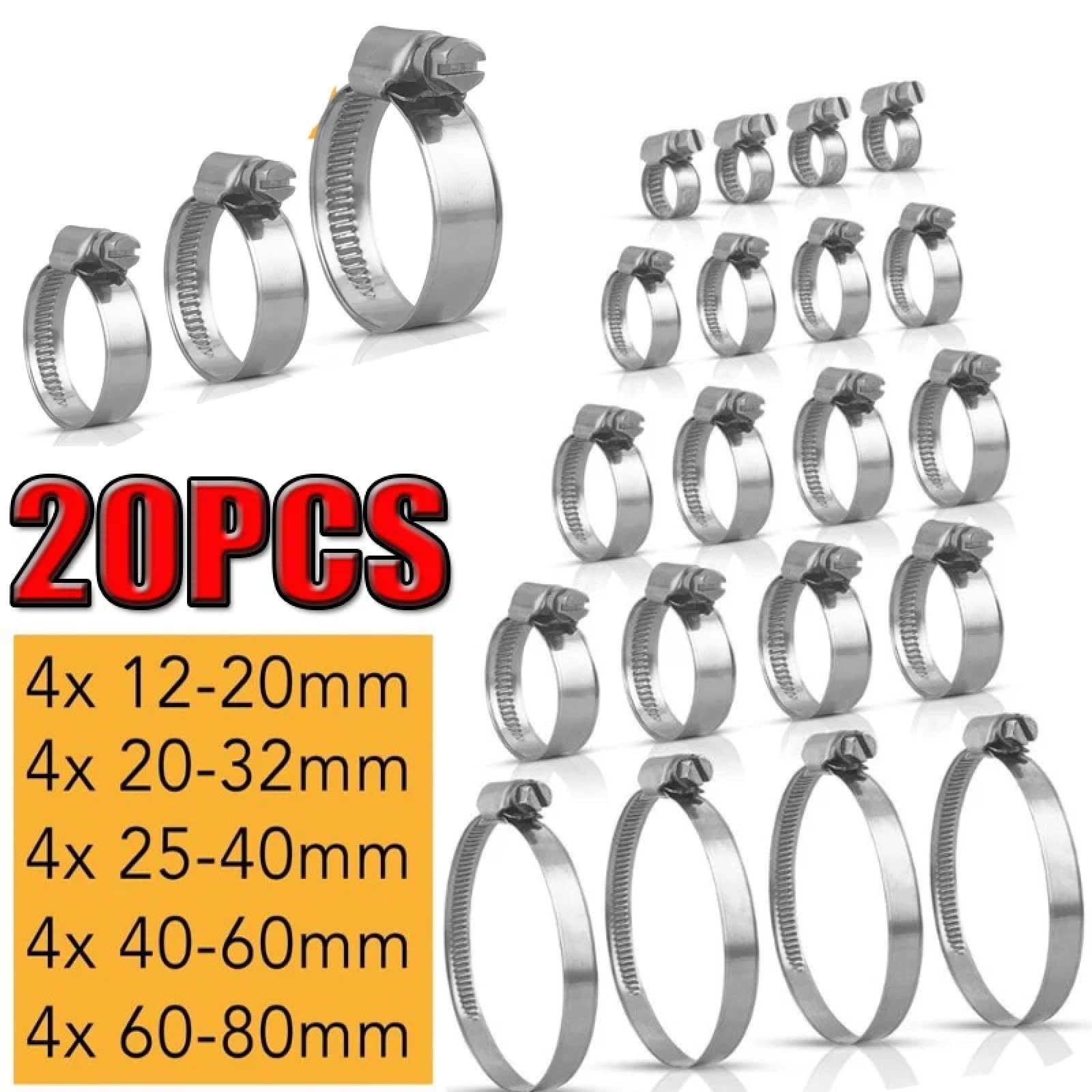 Abrazadera de manguera de acero inoxidable 304 ajustable, 12-80 mm, tamaño sinfín, 20 unidades (12-80 mm, 20 unidades)